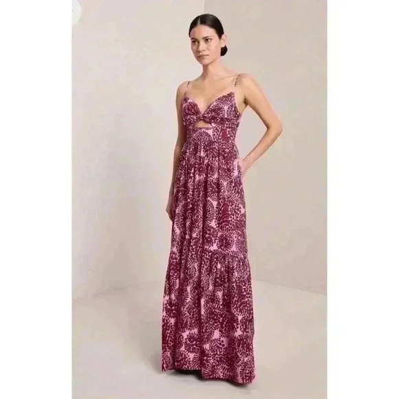 NWT A.L.C. Laura Keyhole Printed Smocked Back Maxi dark red pink Dress Size 0 - Picture 4 of 15